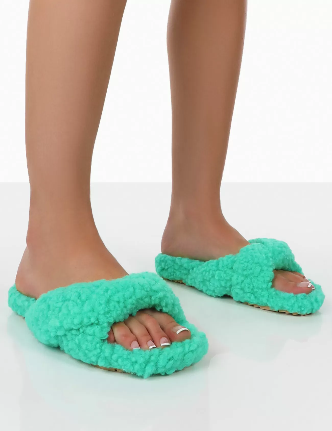 Public Desire Slumber Teddy Cross Over Strap Slippers Green Online