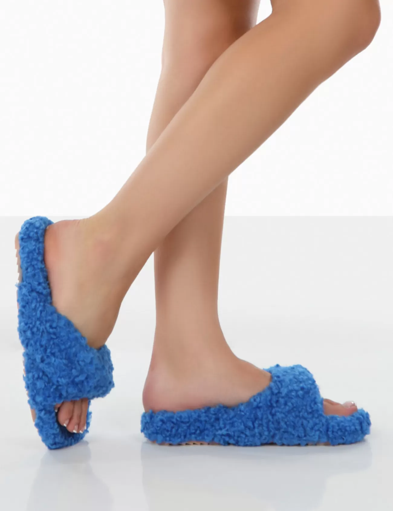 Public Desire Slumber Teddy Cross Over Strap Slippers Blue Discount