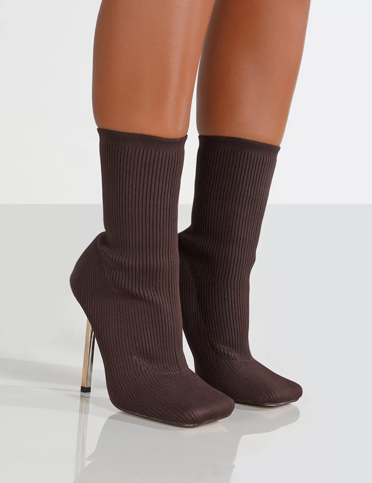 Public Desire Souffle Chocolate Knit Stiletto Heel Sock Ankle Boot Brown Sale