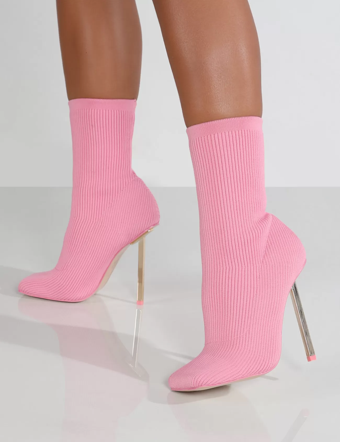 Public Desire Souffle Knit Stiletto Heel Sock Ankle Boot Pink Clearance