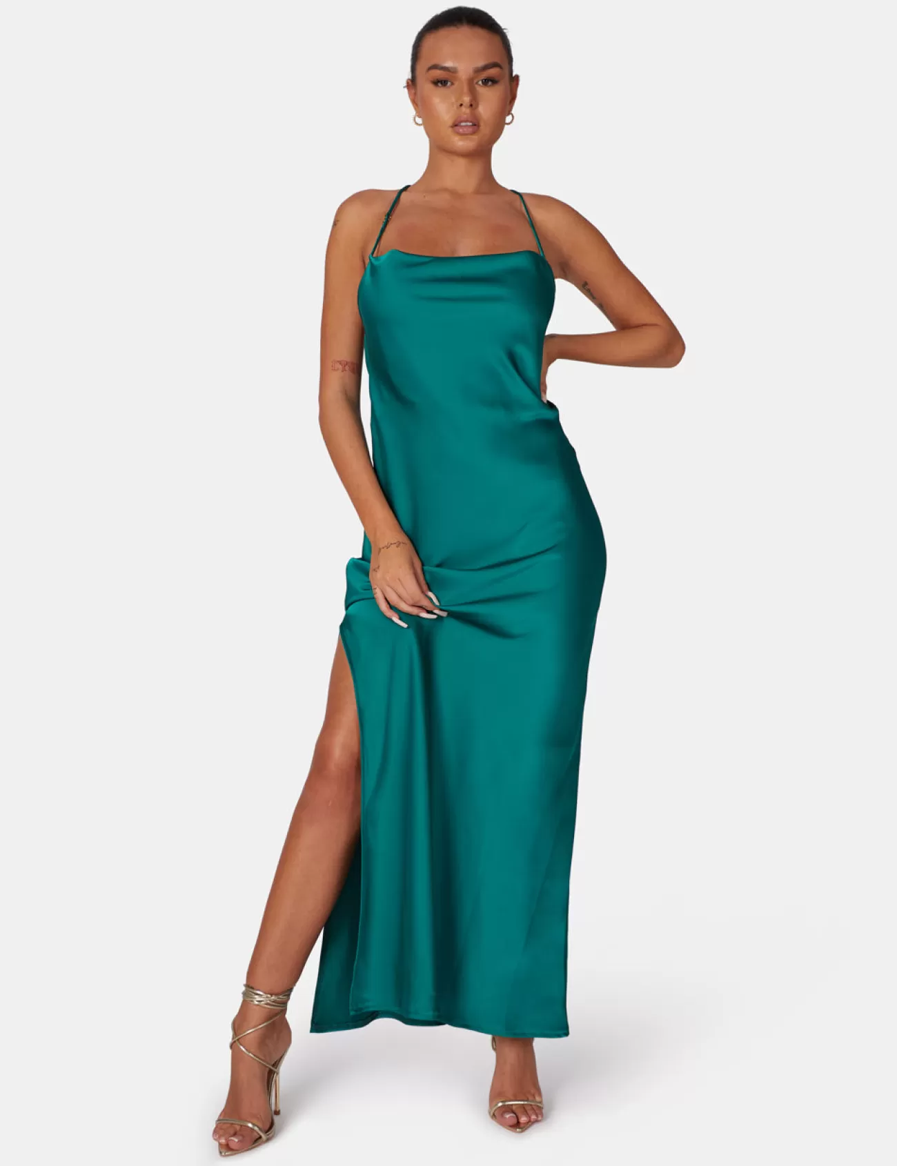 Public Desire Split Hem Cowl Neck Cross Back Maxi Dress Emerald Green Flash Sale