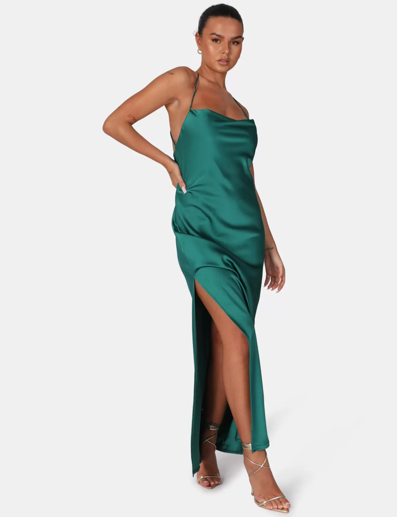 Public Desire Split Hem Cowl Neck Cross Back Maxi Dress Emerald Green Flash Sale