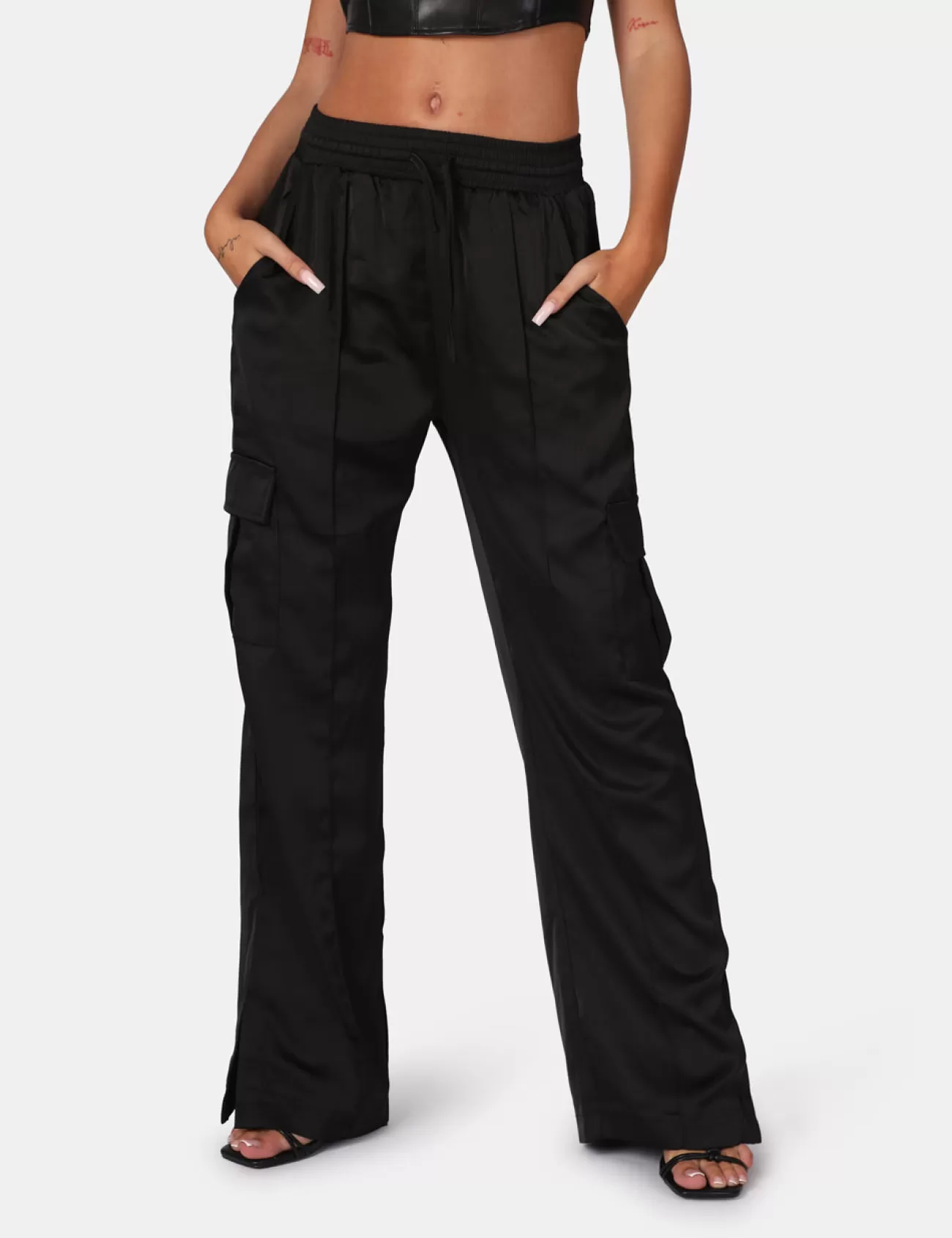 Public Desire Split Hem Satin Elasticated Waist Wide Leg Cargo Trousers Black Flash Sale