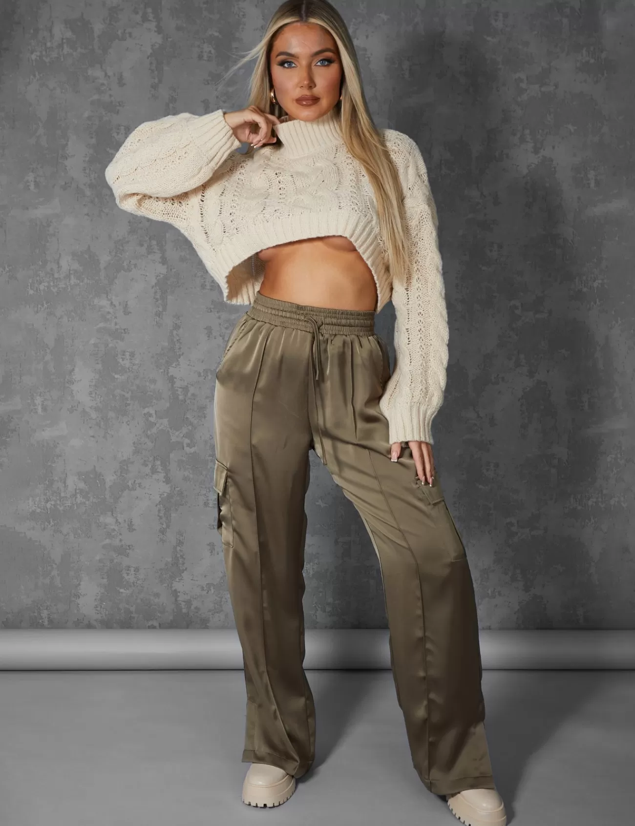 Public Desire Split Hem Satin Elasticated Waist Wide Leg Cargo Trousers Khaki Store