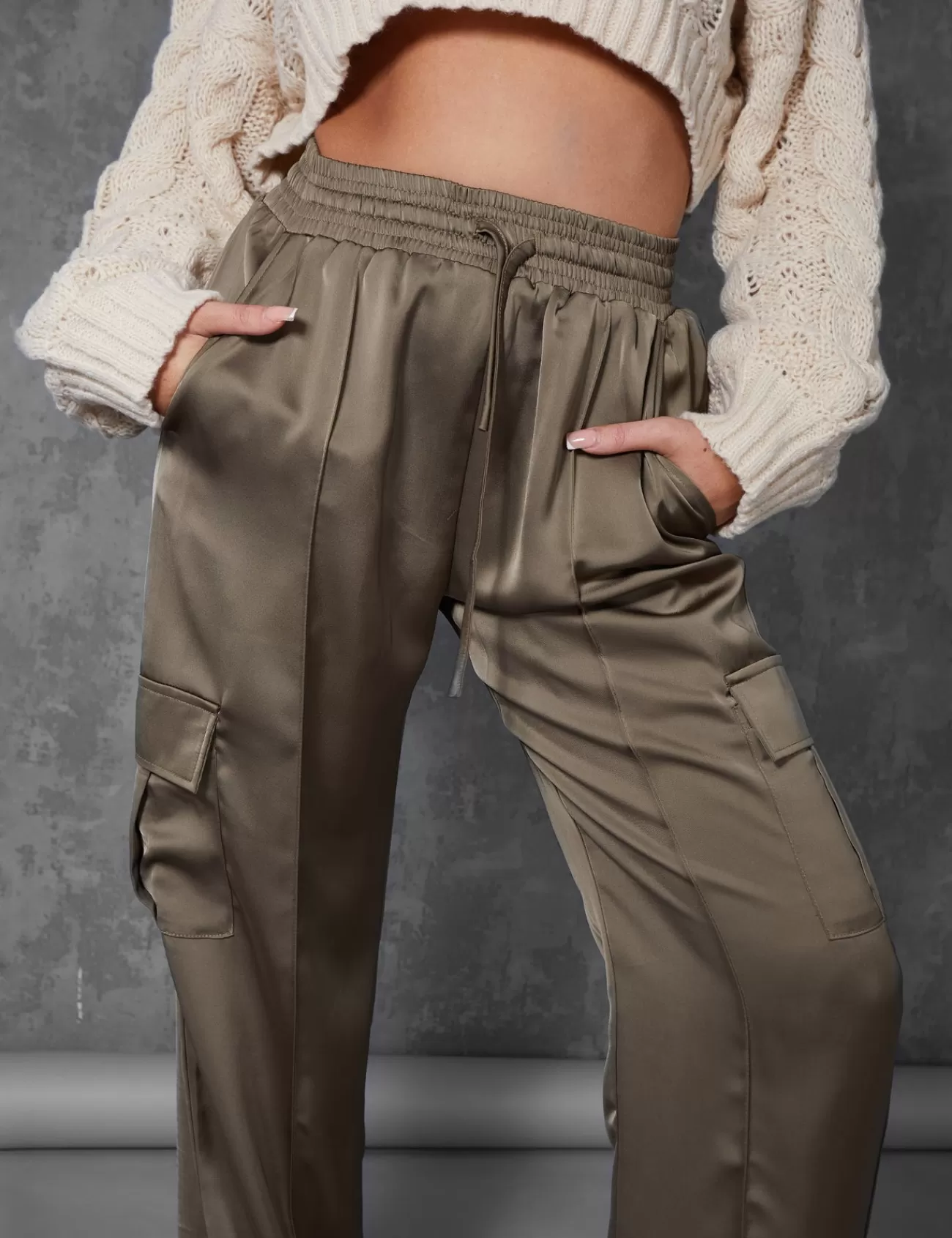 Public Desire Split Hem Satin Elasticated Waist Wide Leg Cargo Trousers Khaki Store