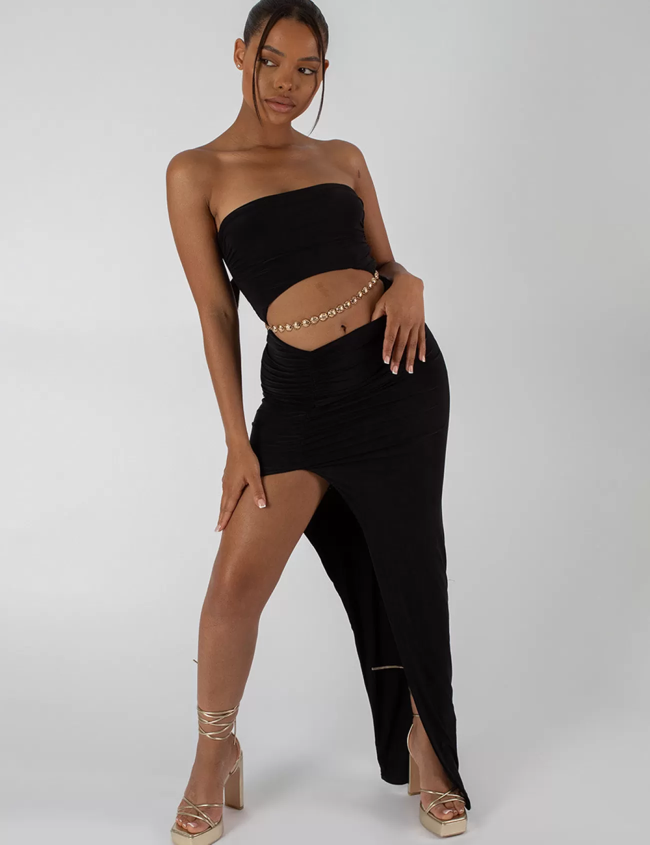 Public Desire Split Side Bandeau Slinky Maxi Dress Black Hot
