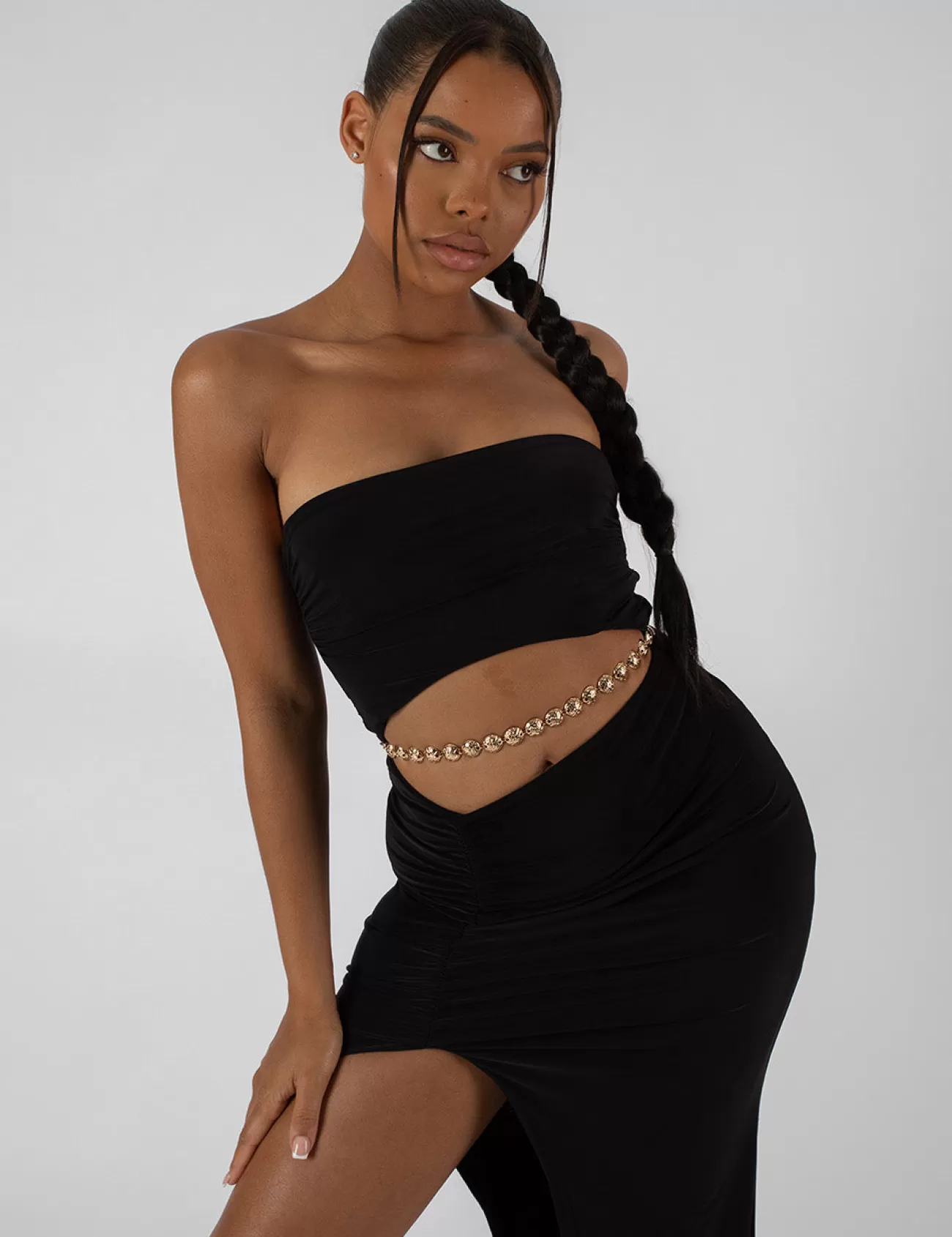 Public Desire Split Side Bandeau Slinky Maxi Dress Black Hot