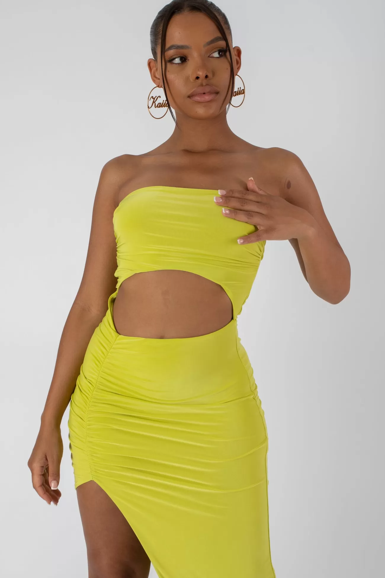 Public Desire Split Side Bandeau Slinky Maxi Dress Lime Shop