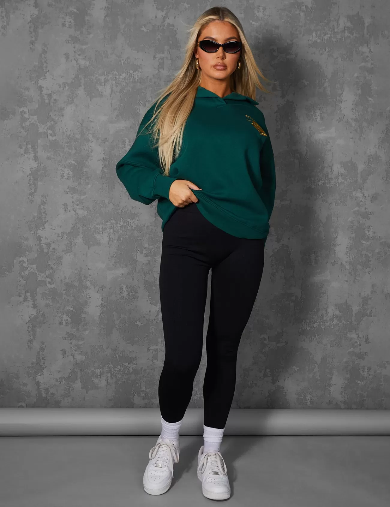 Public Desire Sports Club Embroidered Badge Oversized Rugby Sweatshirt Forest Green Outlet