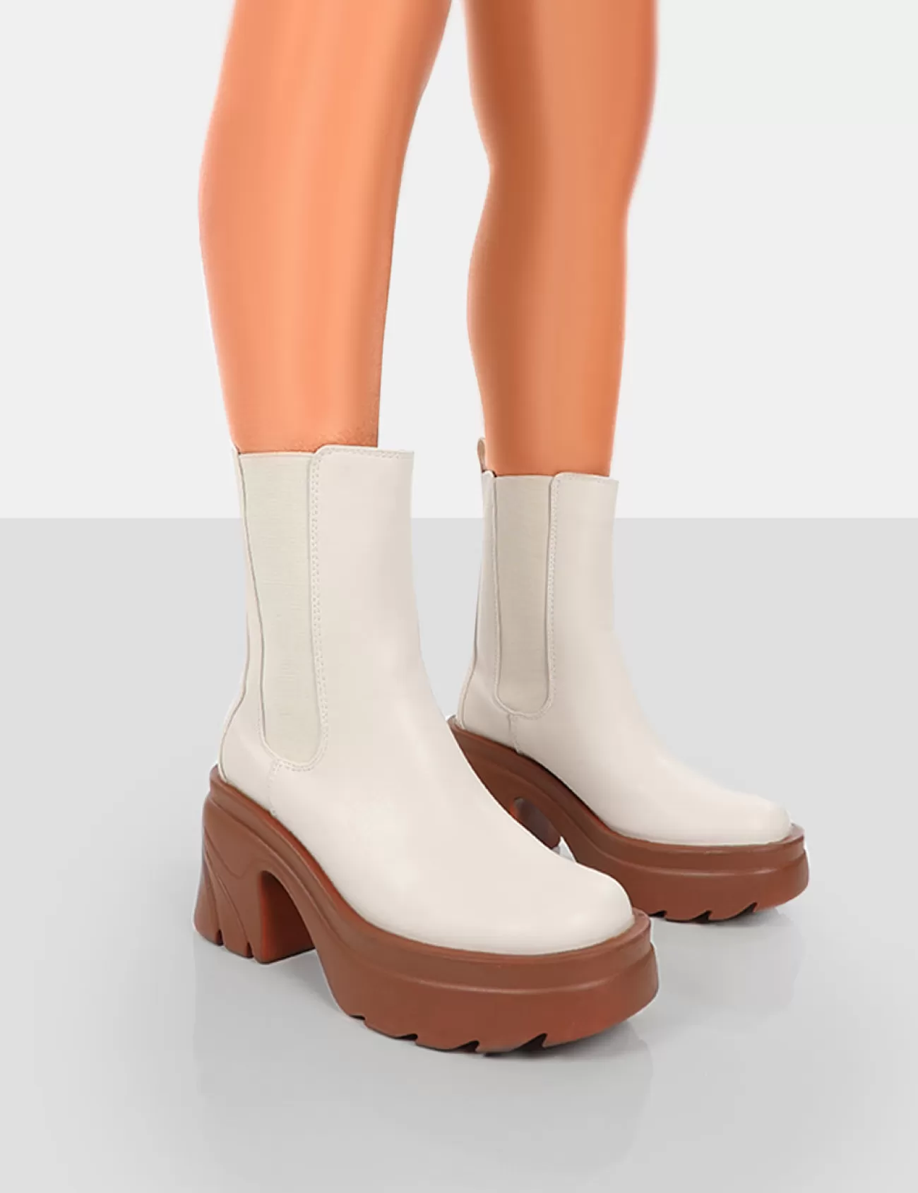 Public Desire Step Up Brown Pu Platform Chunky Sole Heeled Ankle Boots Ecru Fashion