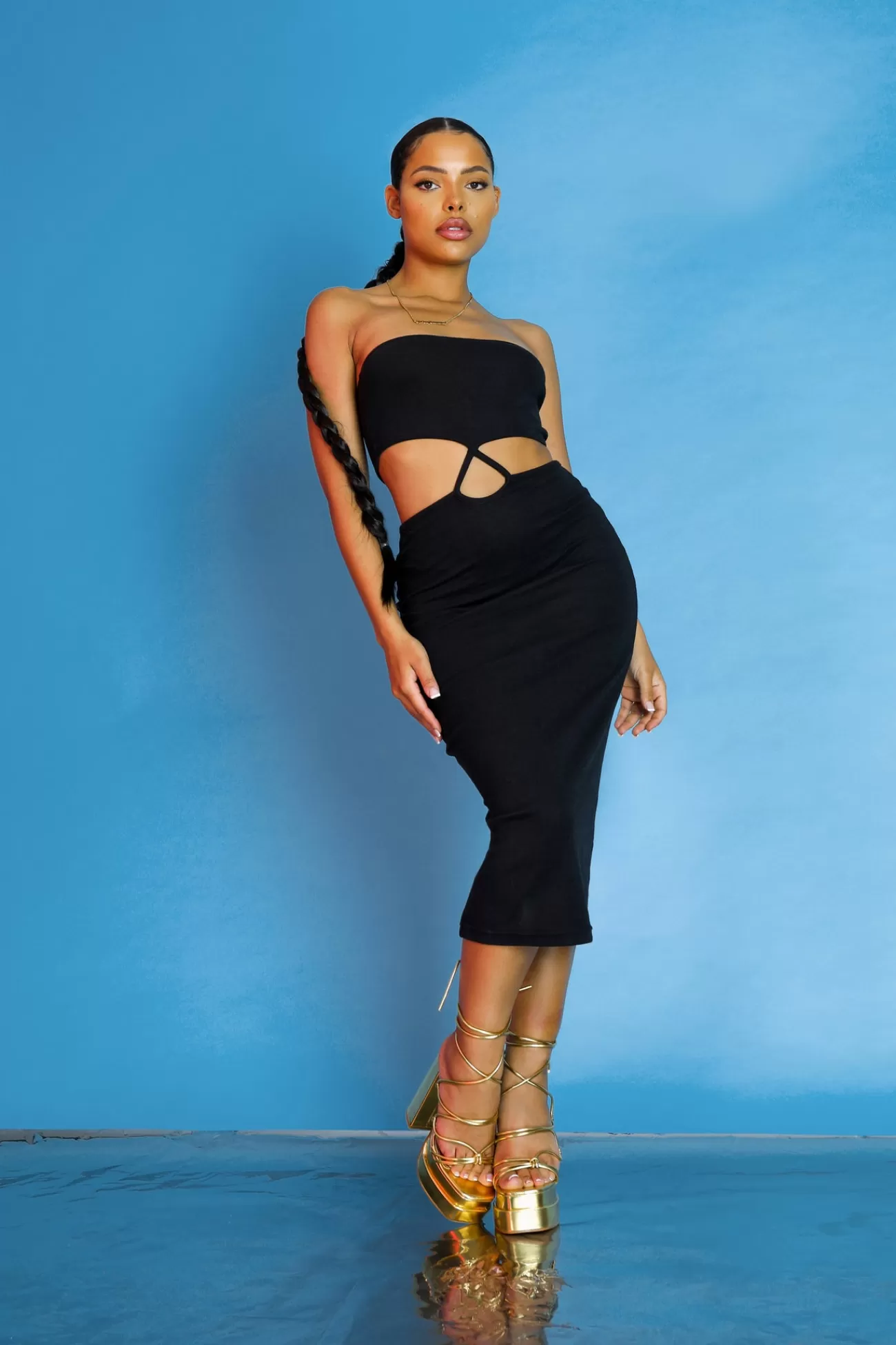 Public Desire Strapless Bandeau Cut Out Detail Midi Dress Black Cheap