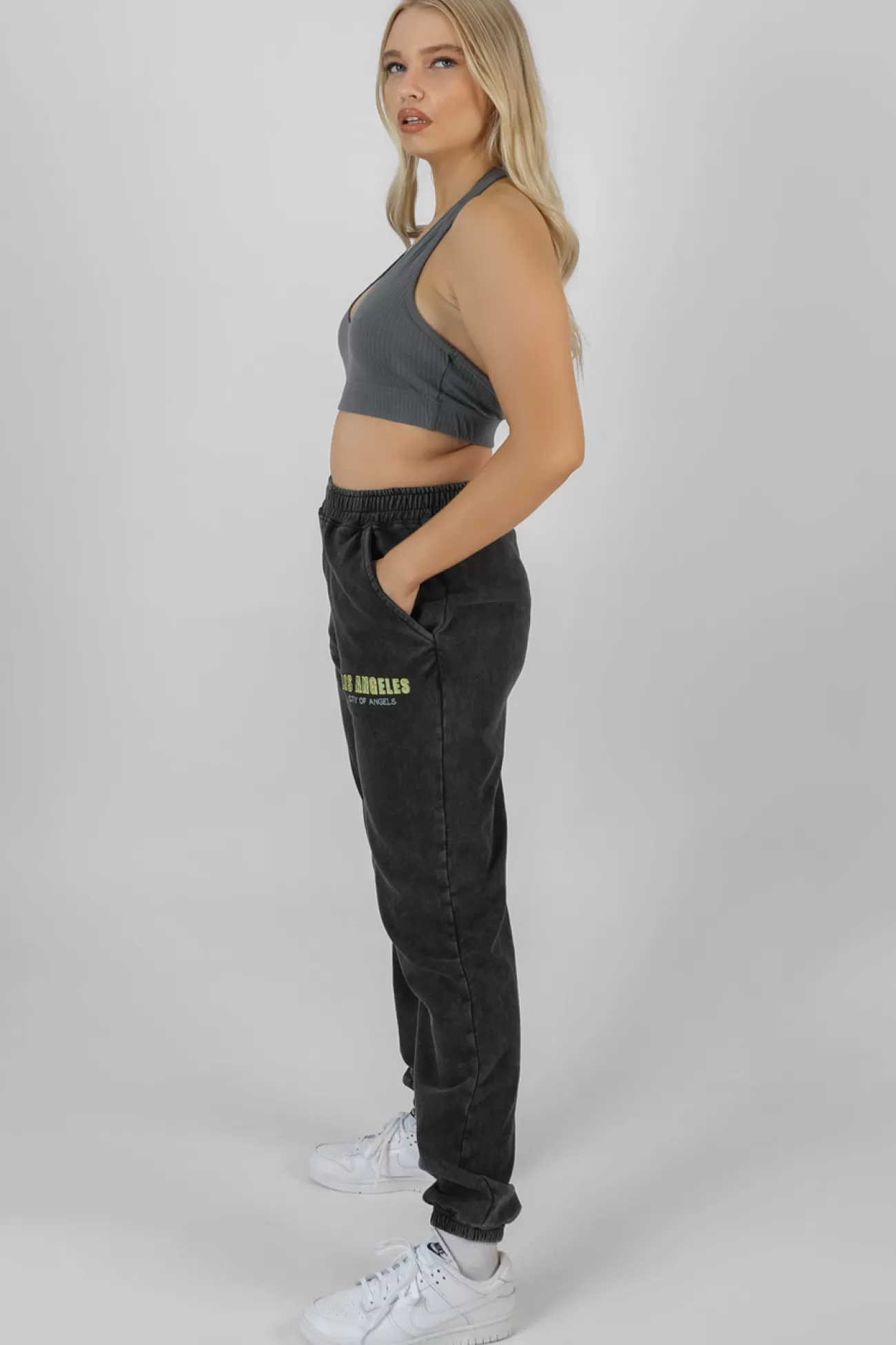 Public Desire Super Cropped Halter Neck Ribbed Crop Top Dark Grey Store