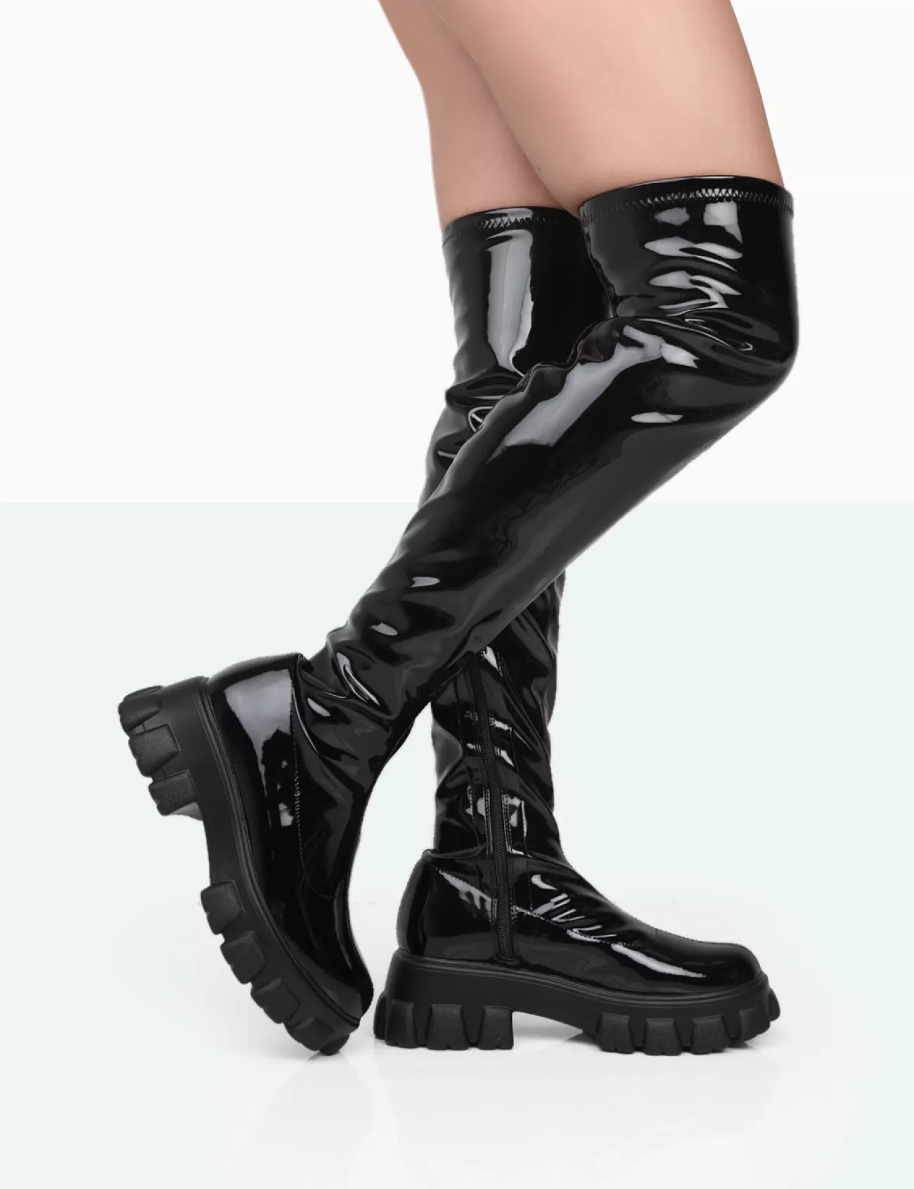 Public Desire Take Chances Patent Chunky Sole Knee High Boots Black Sale