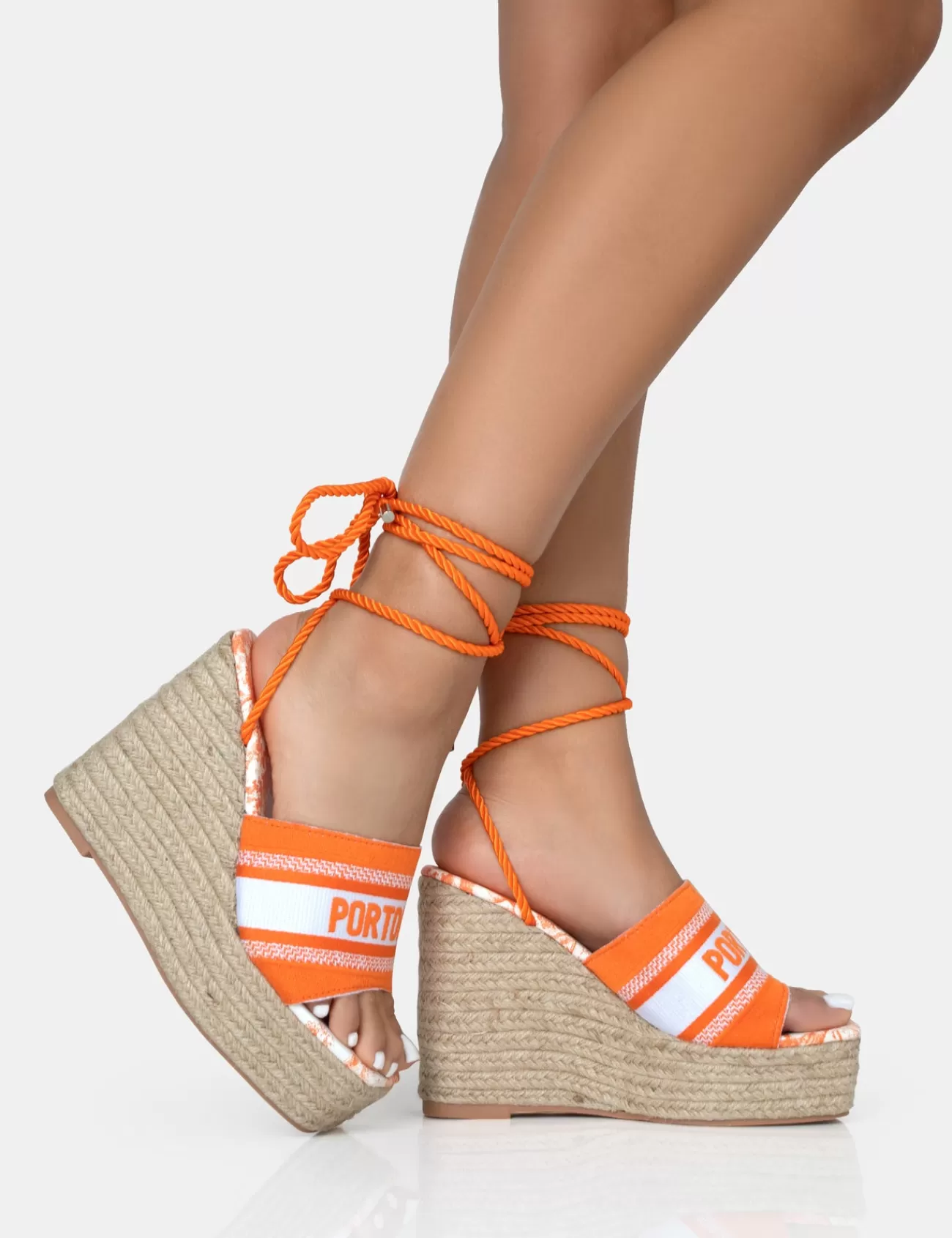 Public Desire Take Off Embroidered Portofino Lace Up Raffia Square Toe Wedge Heels Orange Store