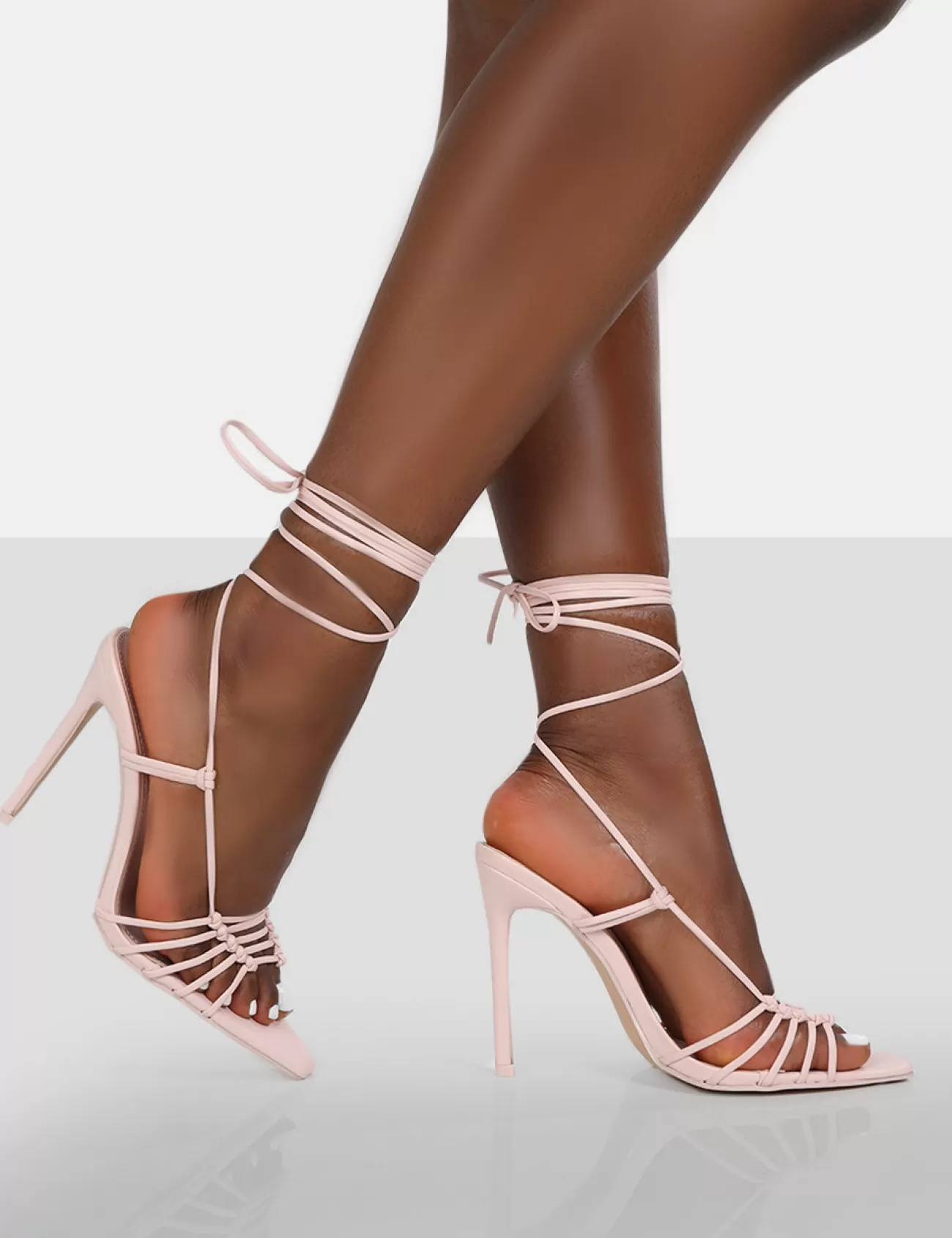 Public Desire Valencia Wide Fit Pu Strappy Lace Up Pointed Toe Stiletto Heels Pink Clearance