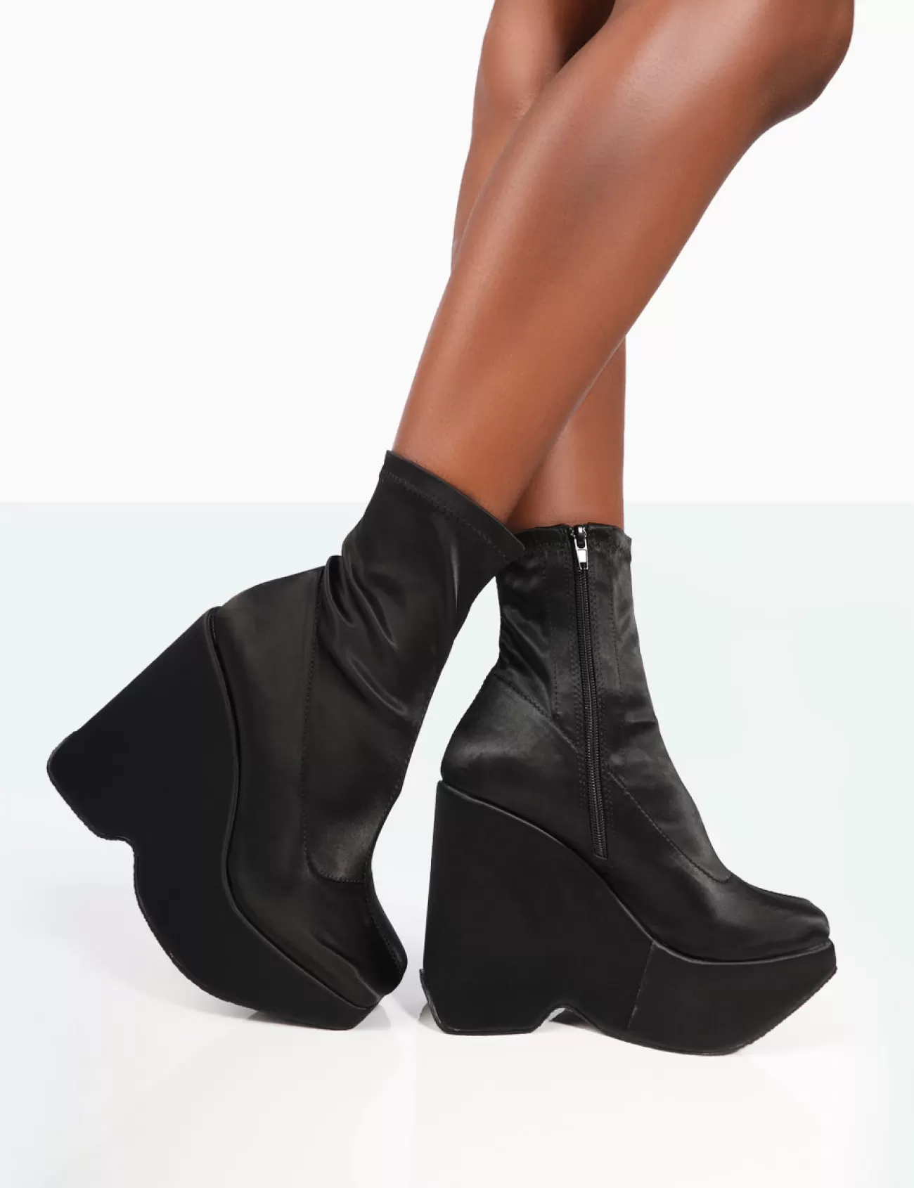 Public Desire Versus Black Satin Platform Sole Ankle Boots Sale