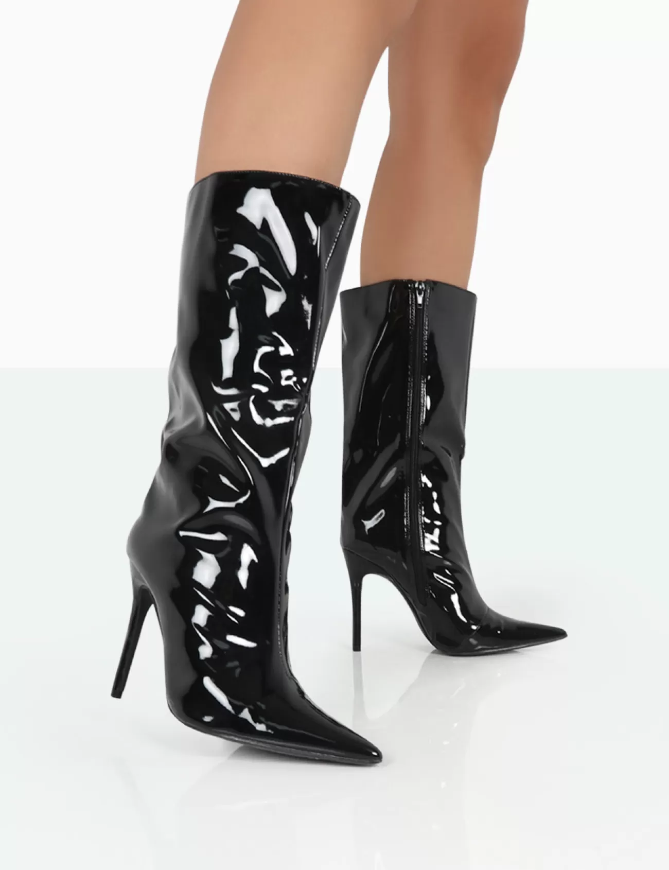Public Desire Wanda Patent Pu Pointed Toe Stiletto Knee High Boots Black Shop