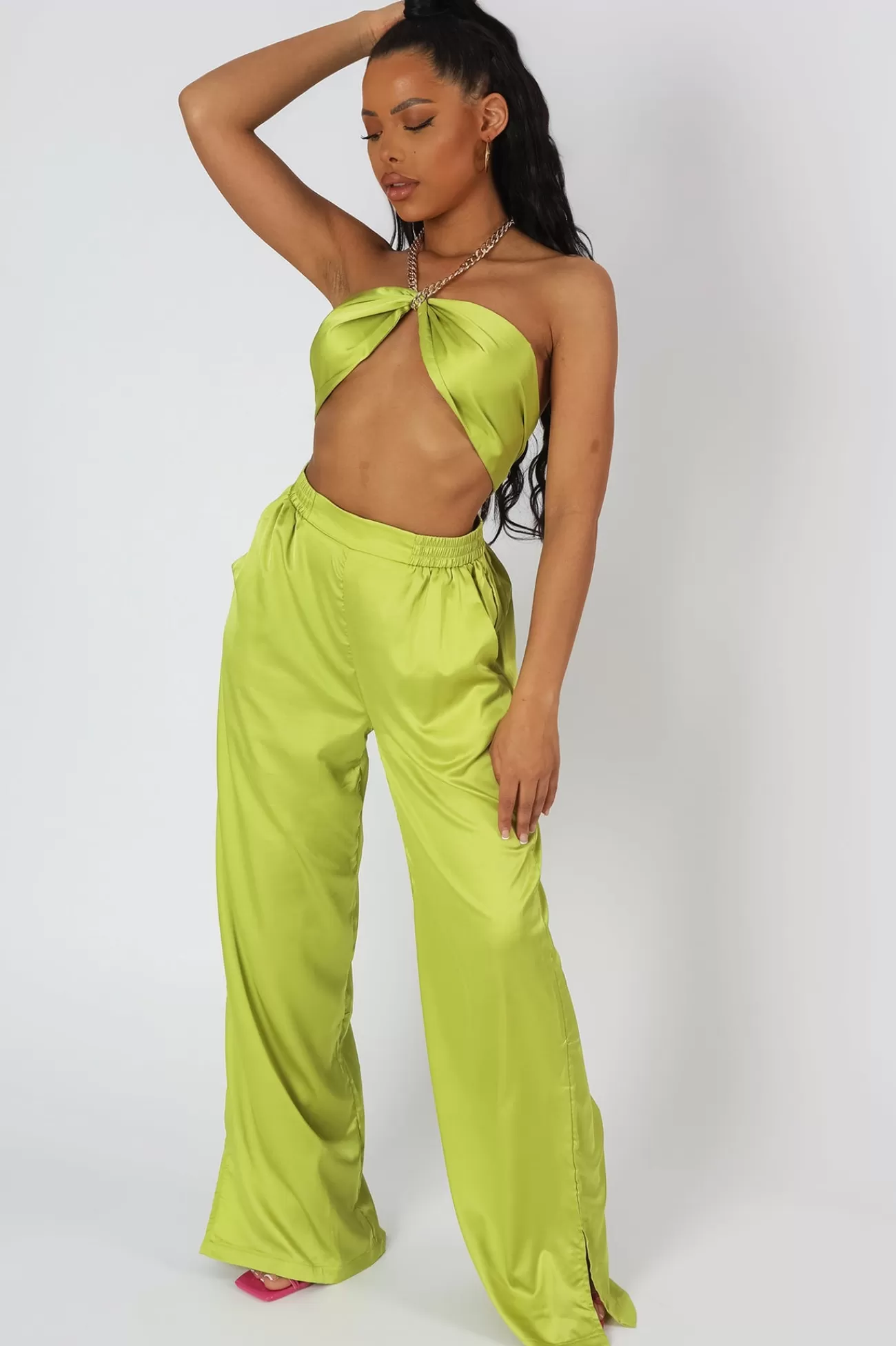 Public Desire Wide Leg Satin Trousers Lime Shop