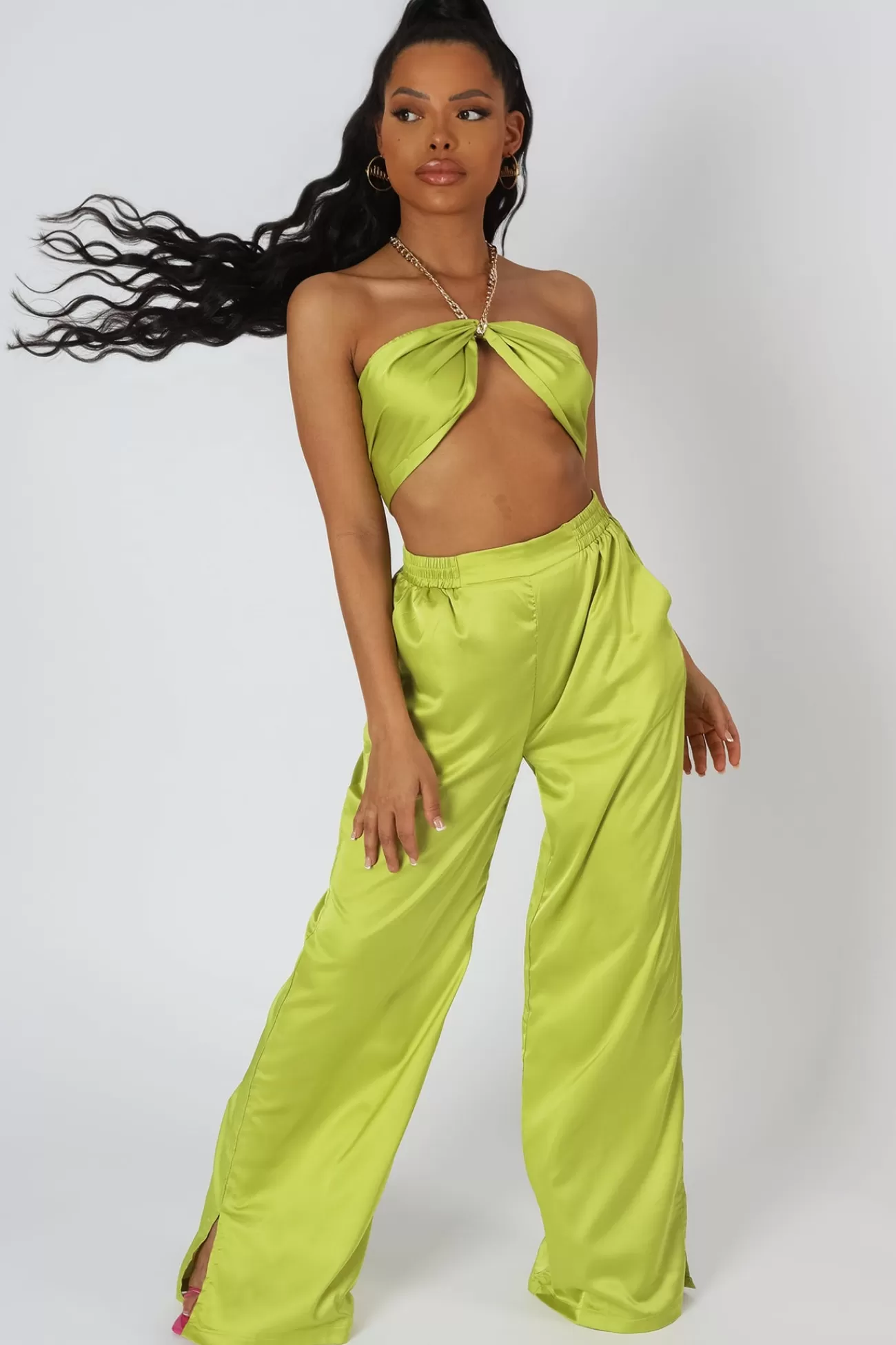 Public Desire Wide Leg Satin Trousers Lime Shop