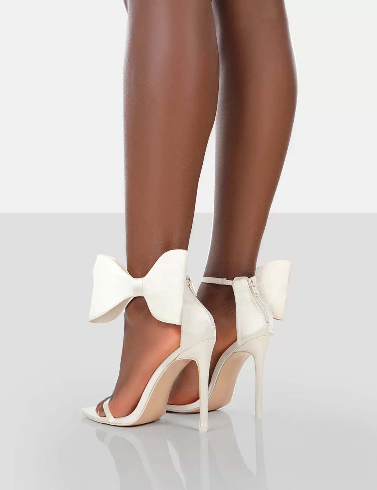 Public Desire Zeal Wide Fit Off Satin Strappy Bow Ankle Detail Stiletto Heels White Outlet